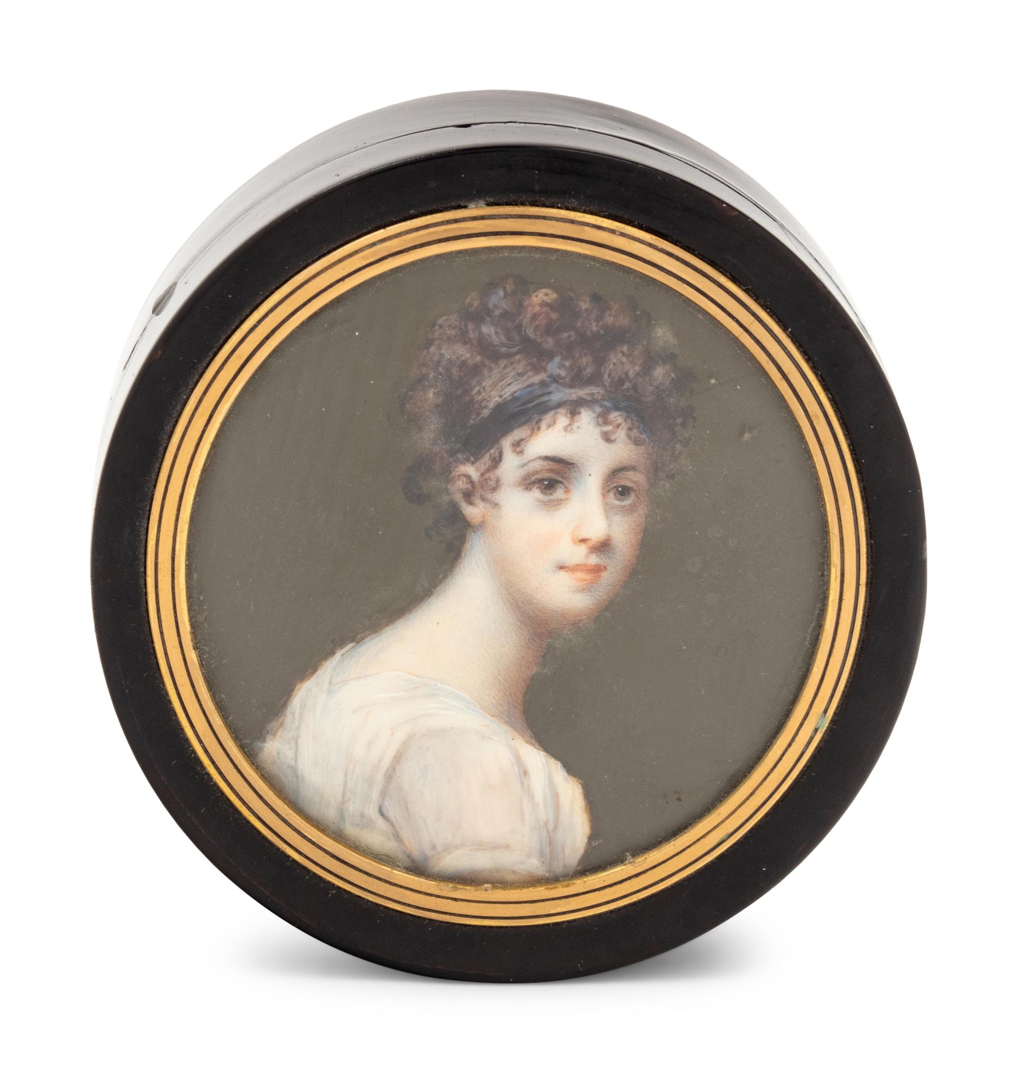 A Continental Gilt Metal Mounted and Portrait Miniature Inset Tortoiseshell Snuff Box