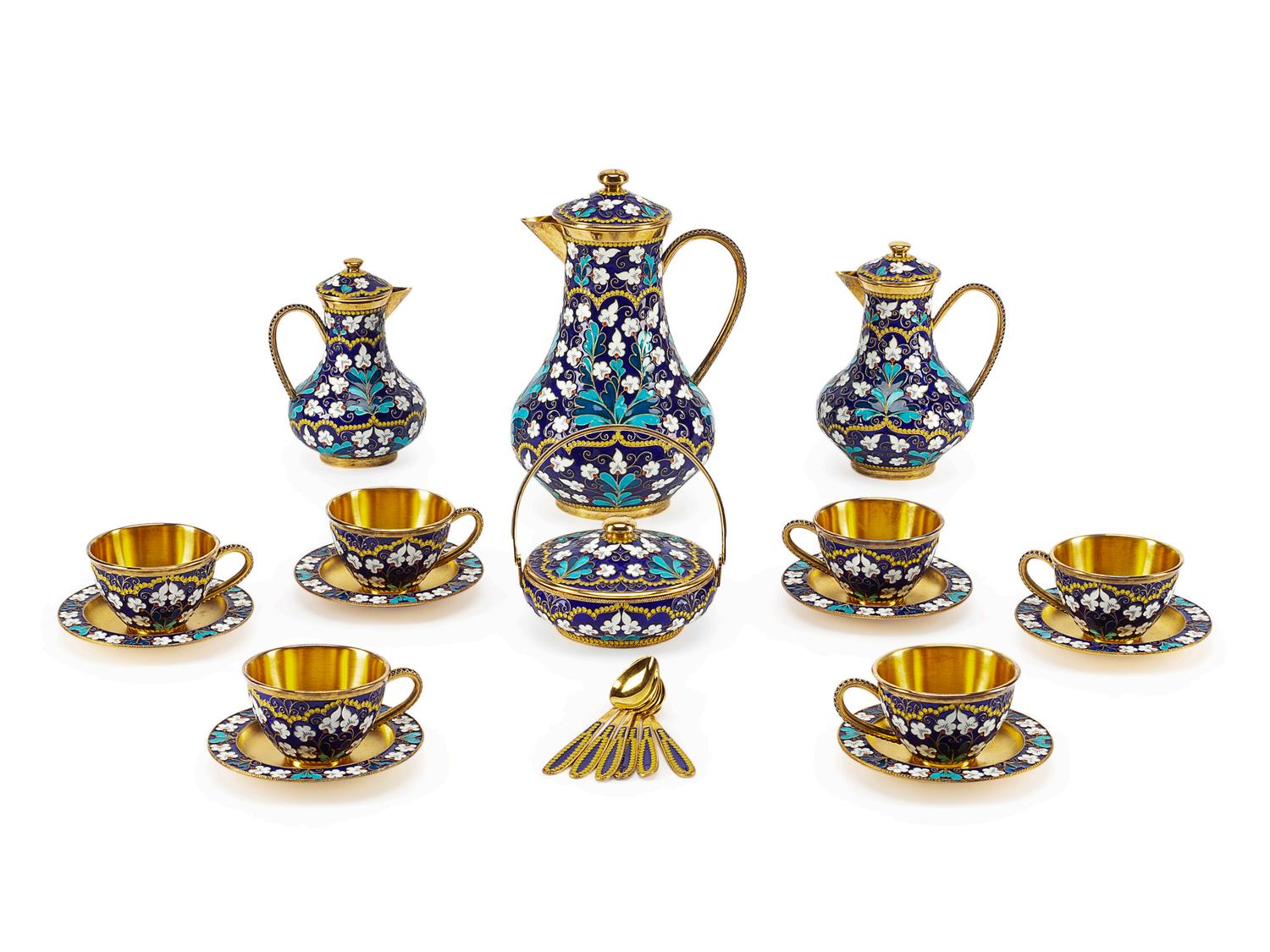 A Russian Enameled Silver-Gilt Coffee Service