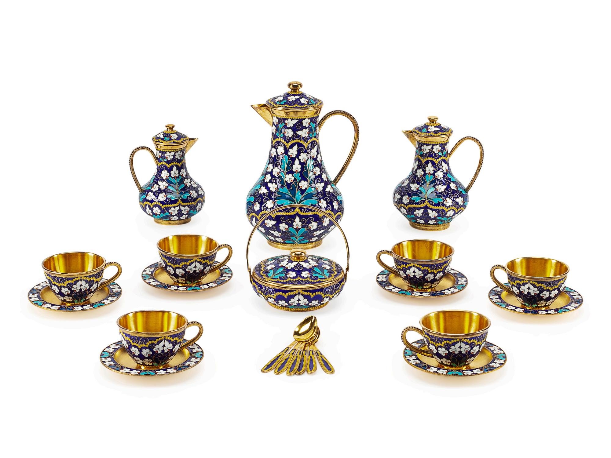 A Russian Enameled Silver-Gilt Coffee Service