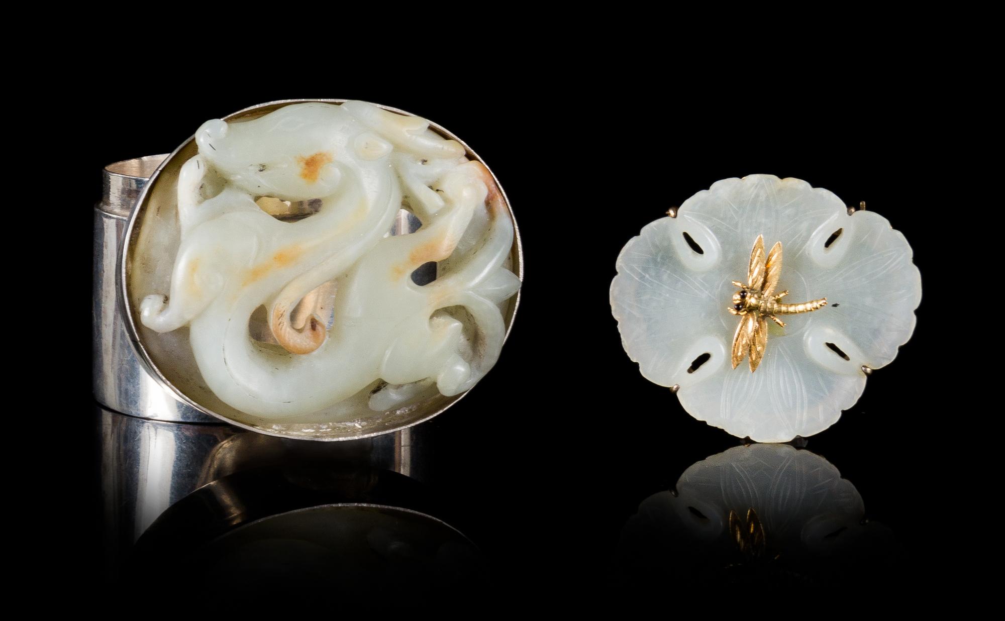 Two Carved Jade Articles Height of taller 2 1/4 inches.