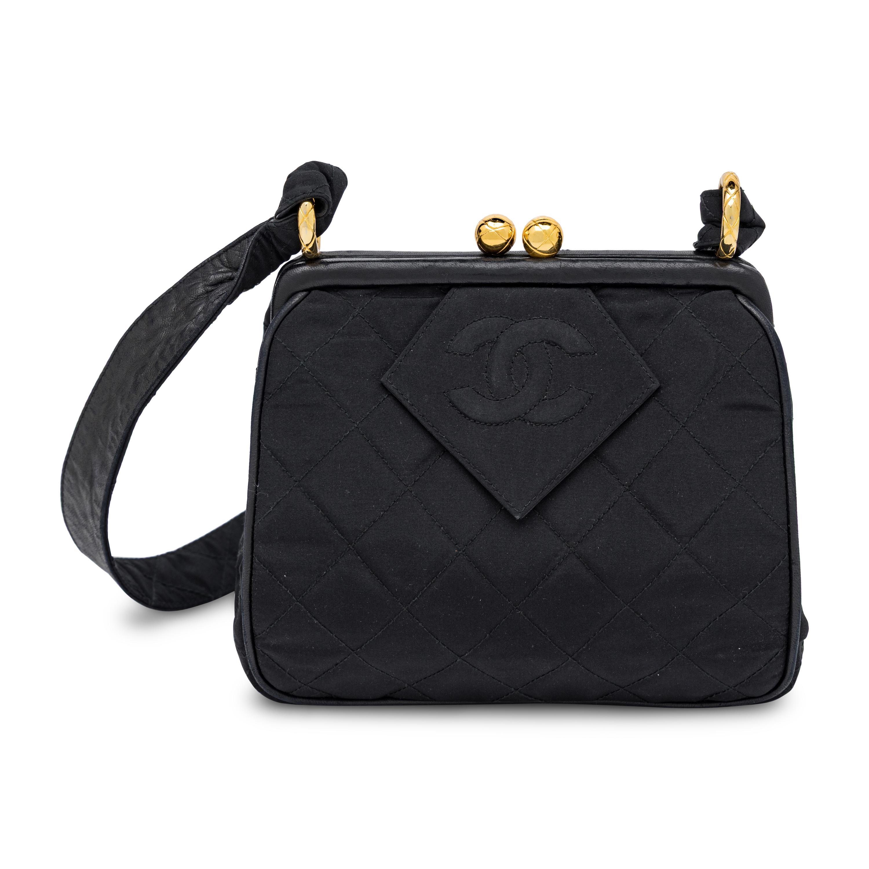 Chanel, Kiss Lock Shoulder Bag in Quilted Black Taffeta