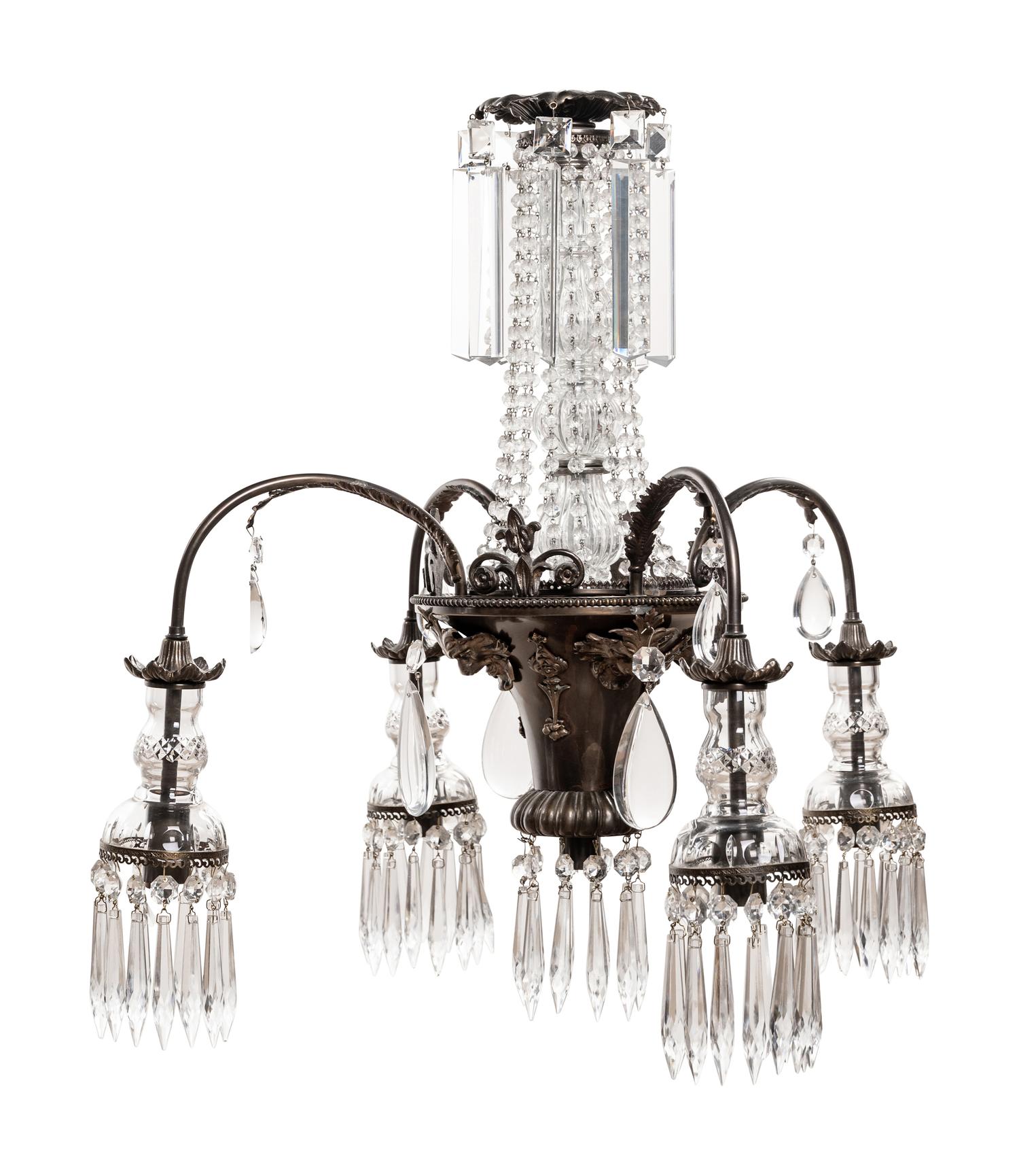 A Continental Bronze and Cut Glass Five-Light Chandelier