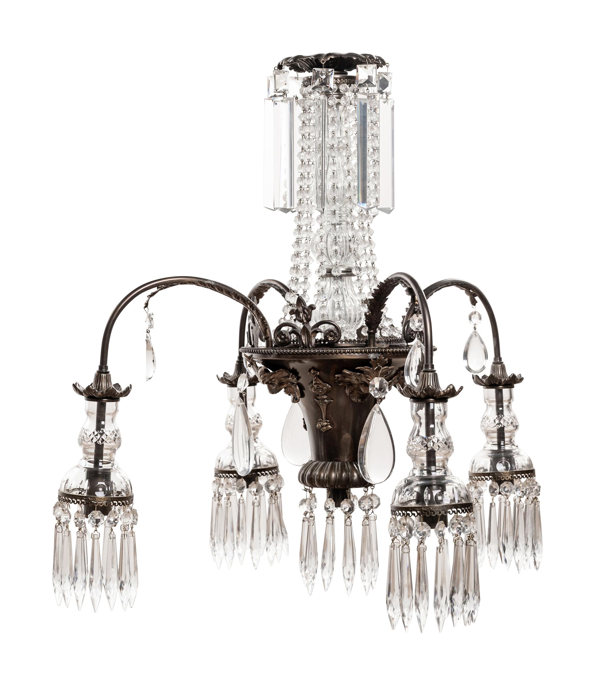 A Continental Bronze and Cut Glass Five-Light Chandelier