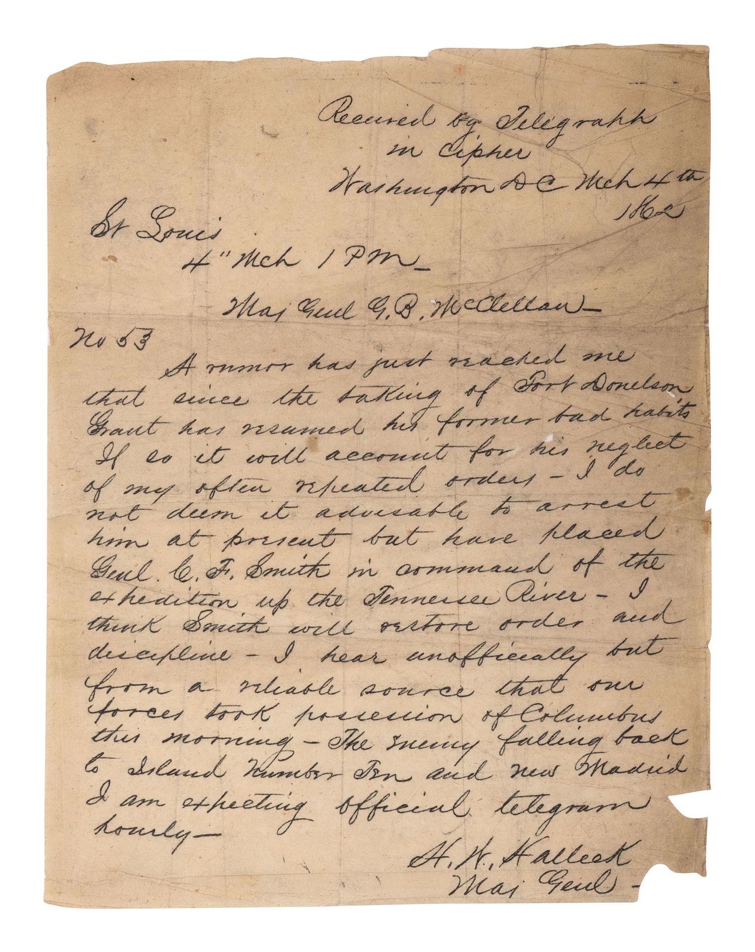 [CIVIL WAR]. Two documents related to rumors of General Grant's drinking to excess.