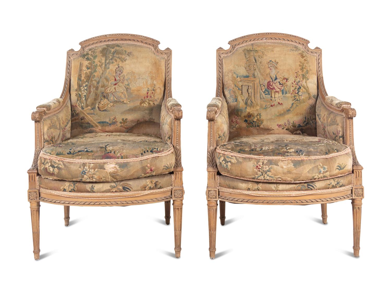 A Pair of Louis XVI Style Tapestry-Upholstered Bergères