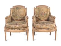 A Pair of Louis XVI Style Tapestry-Upholstered Bergères
