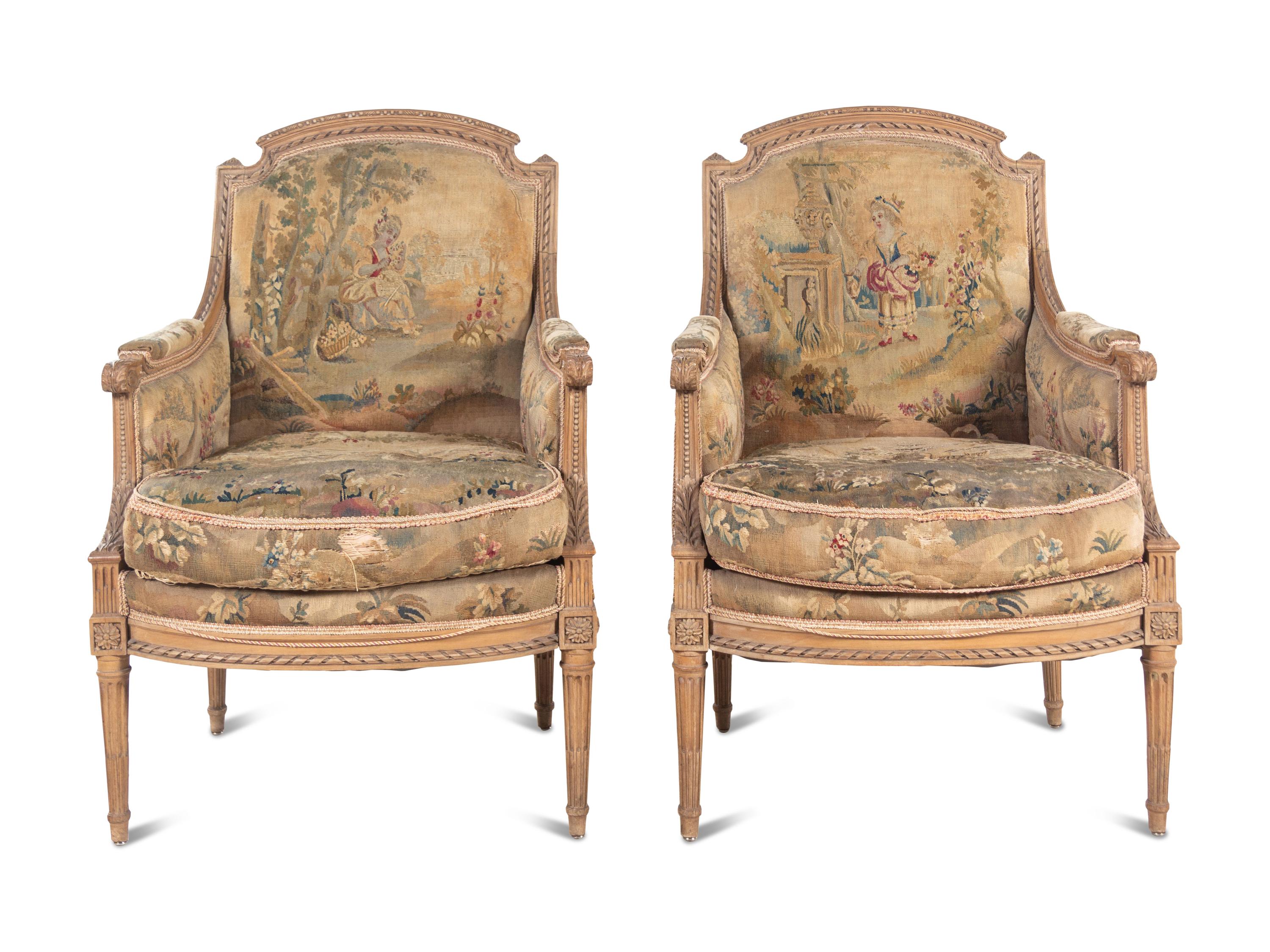 A Pair of Louis XVI Style Tapestry-Upholstered Bergères