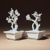 A Pair of Chinese Blanc-de-Chine Porcelain Potted Trees, 18th-19th Century — 清中期 德化白瓷塑梅花盆景一對