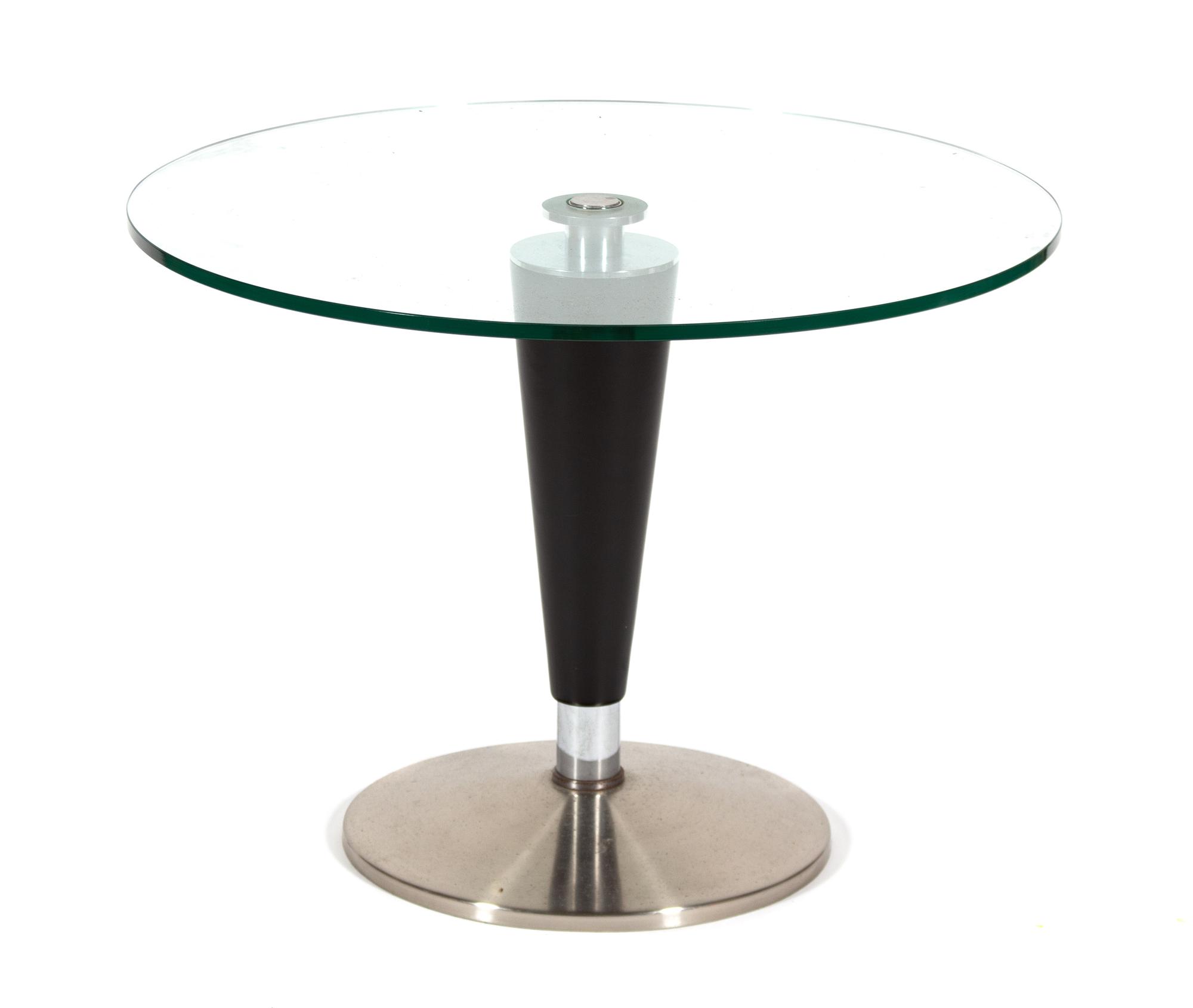 A Contemporary Glass Top Steel Coffee Table Height 20 1/4 x diameter 27 1/2 inches. — 20TH CENTURY