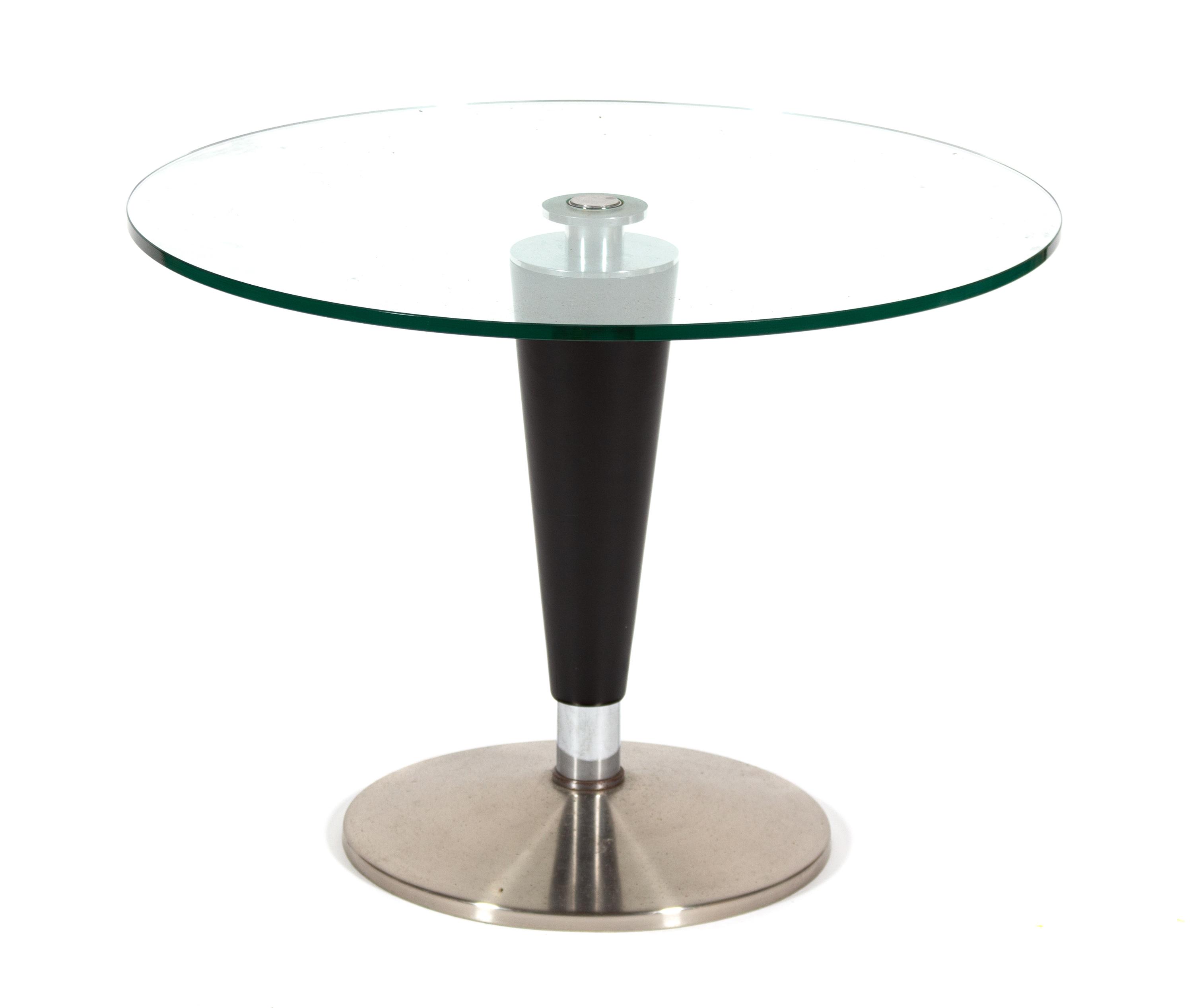 A Contemporary Glass Top Steel Coffee Table Height 20 1/4 x diameter 27 1/2 inches. — 20TH CENTURY