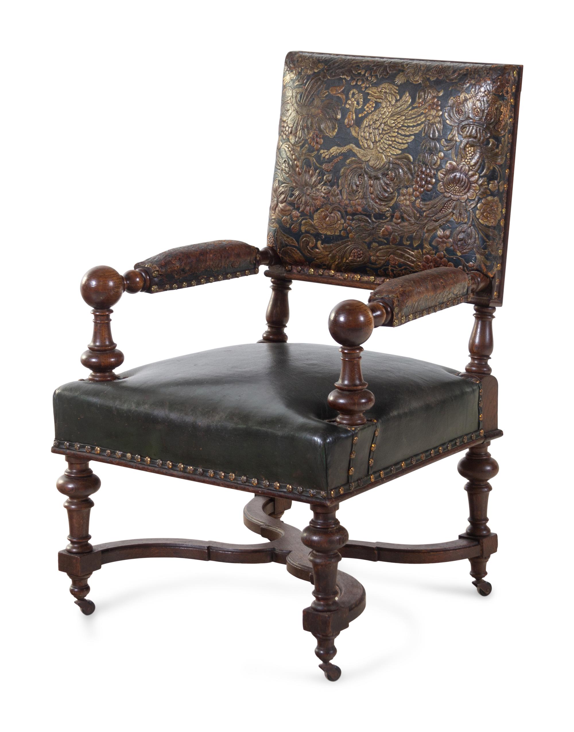 An English Embossed Leather Library Chair