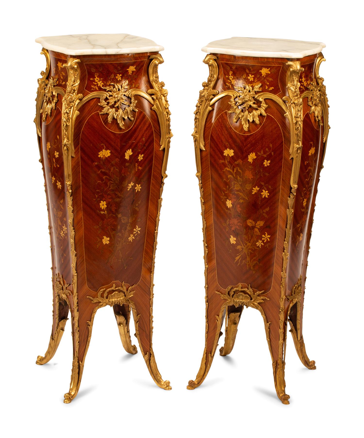 A Pair of Louis XV Style Gilt Bronze Mounted Marquetry Marble-Top Pedestals, 20th Century