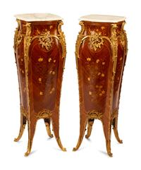A Pair of Louis XV Style Gilt Bronze Mounted Marquetry Marble-Top Pedestals, 20th Century