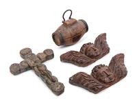 A Colonial Polychrome Decorated Lead Crucifix with a Brandy Cask and Two Carved Putto Masks