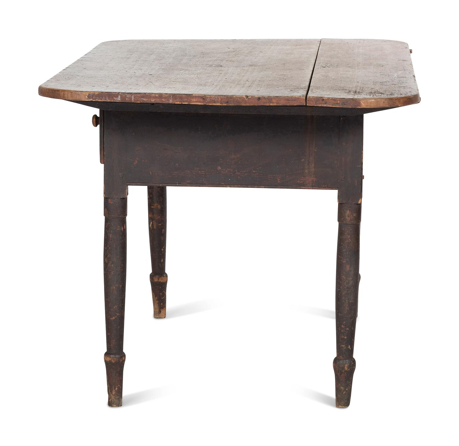 A Country Federal Red-Stained and Black Painted Cherrywood Two-Drawer Scrubbed Top Work Table