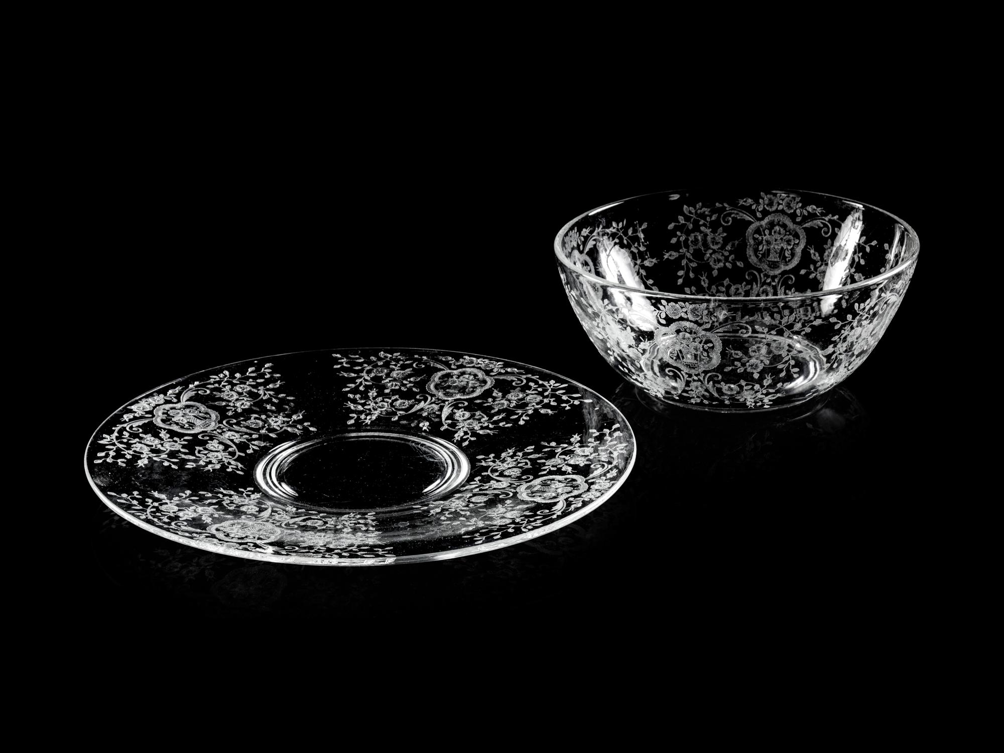 An Etched Glass Serving Bowl and Platter