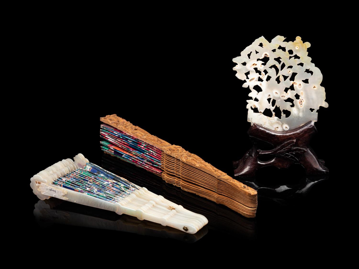 Two Chinese Export Fans and A Mother-of-Pearl Table Screen