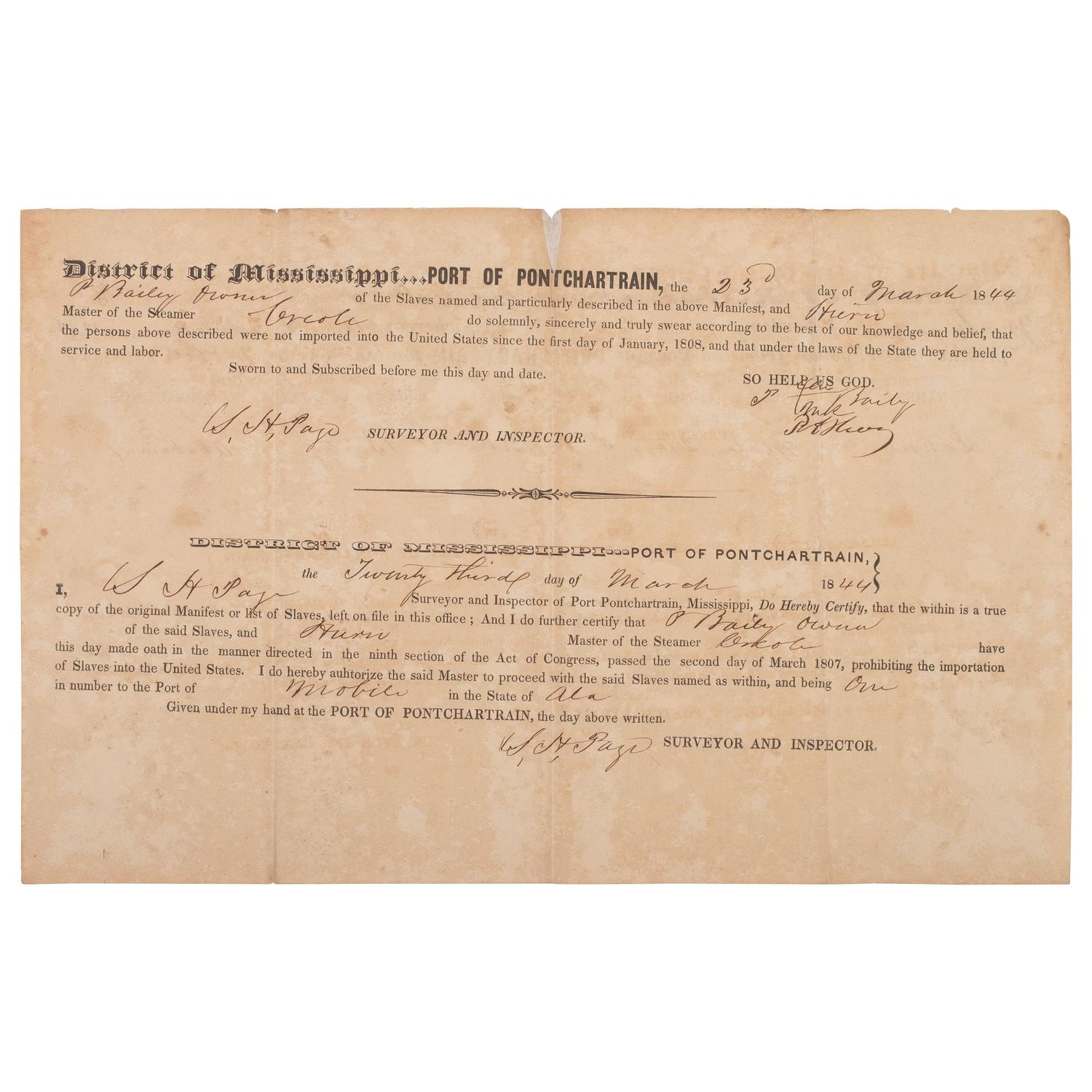 [ENSLAVEMENT]. Ship's manifest documenting the conveyance of one enslaved person named John. March 1844.