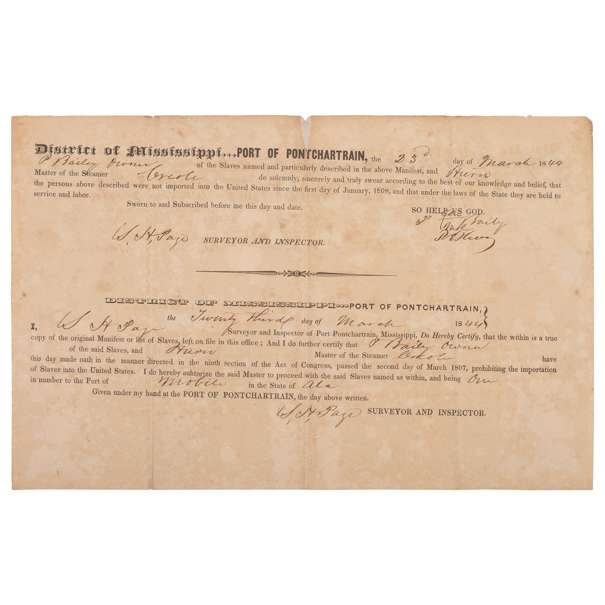 [ENSLAVEMENT]. Ship's manifest documenting the conveyance of one enslaved person named John. March 1844.