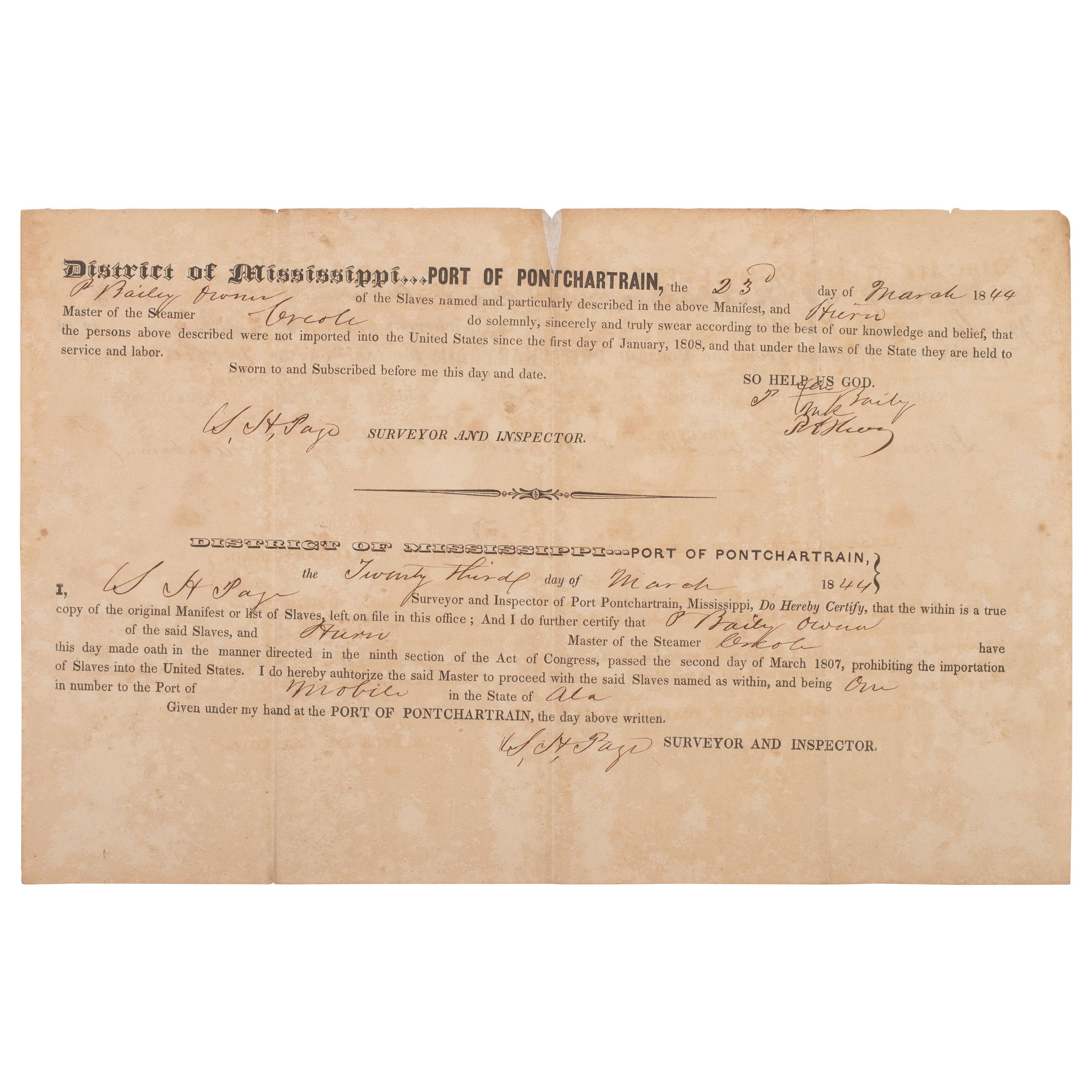 [ENSLAVEMENT]. Ship's manifest documenting the conveyance of one enslaved person named John. March 1844.