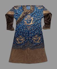 A Chinese Blue Ground Embroidered Silk Dragon Robe