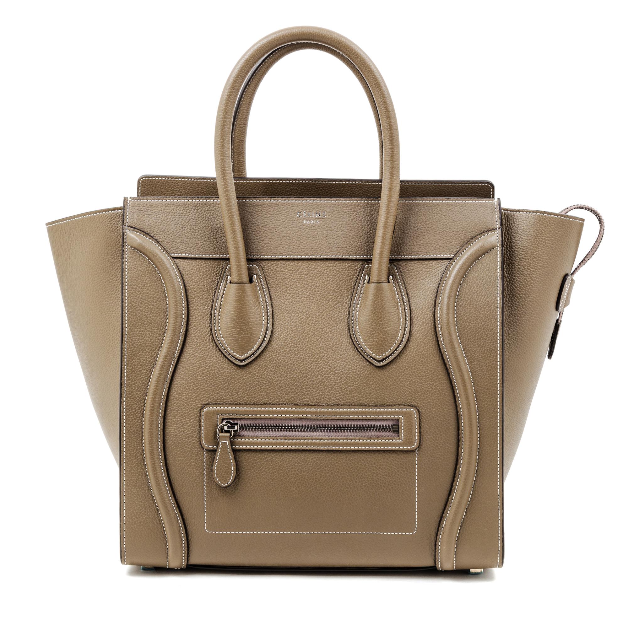 A Celine Taupe Leather Micro Luggage Tote, 12" x 12" x 7"; Handle drop: 5".