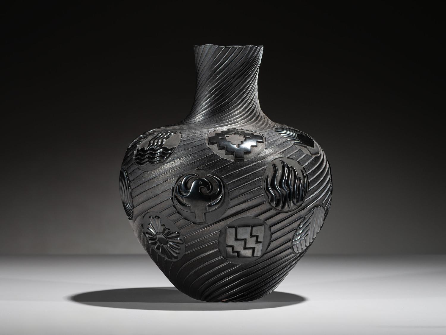 Micaceous Blackware Swirling Pottery Jar, Collaboration