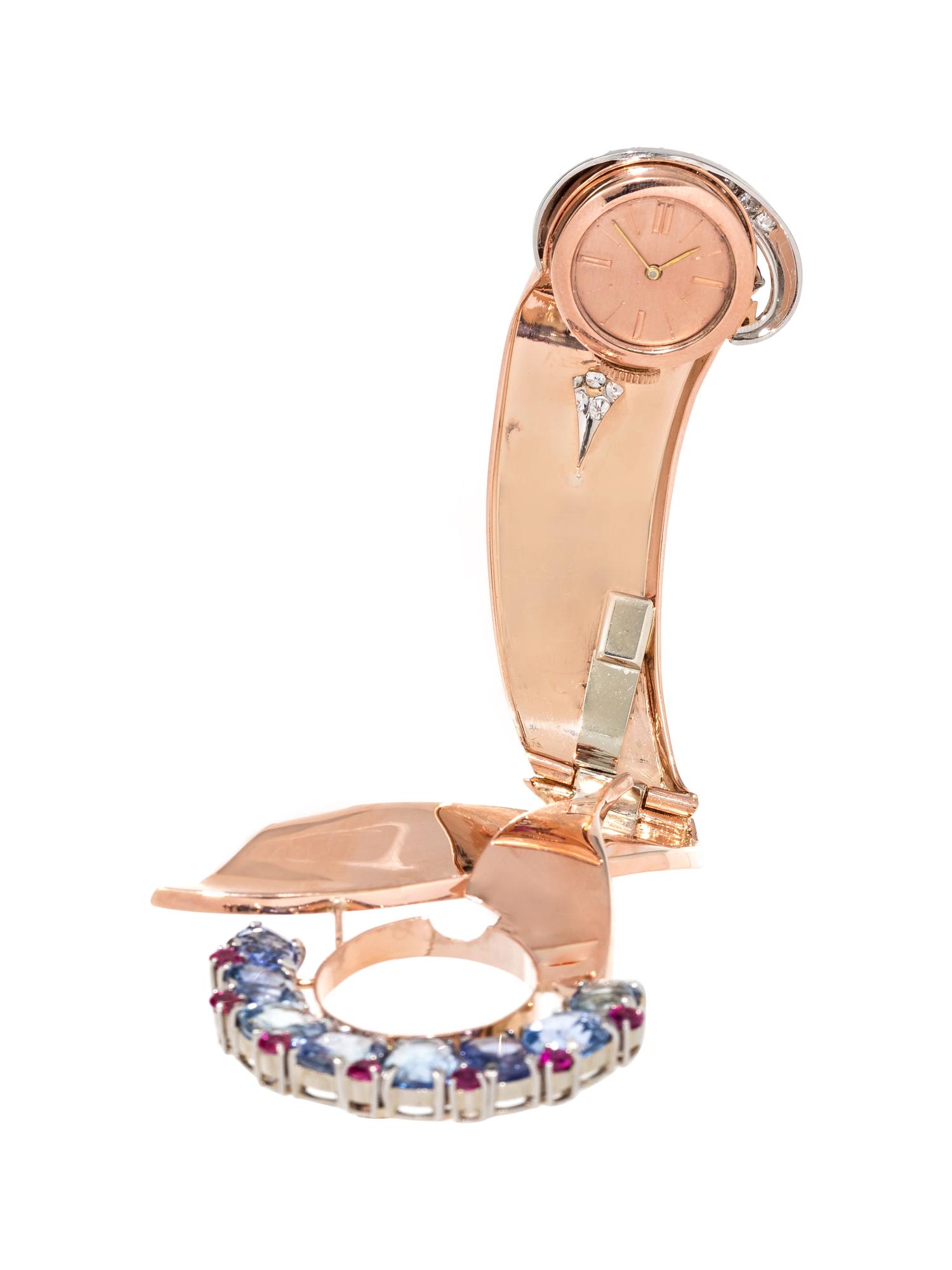 RETRO, SAPPHIRE, RUBY AND DIAMOND SURPRISE WATCH BROOCH