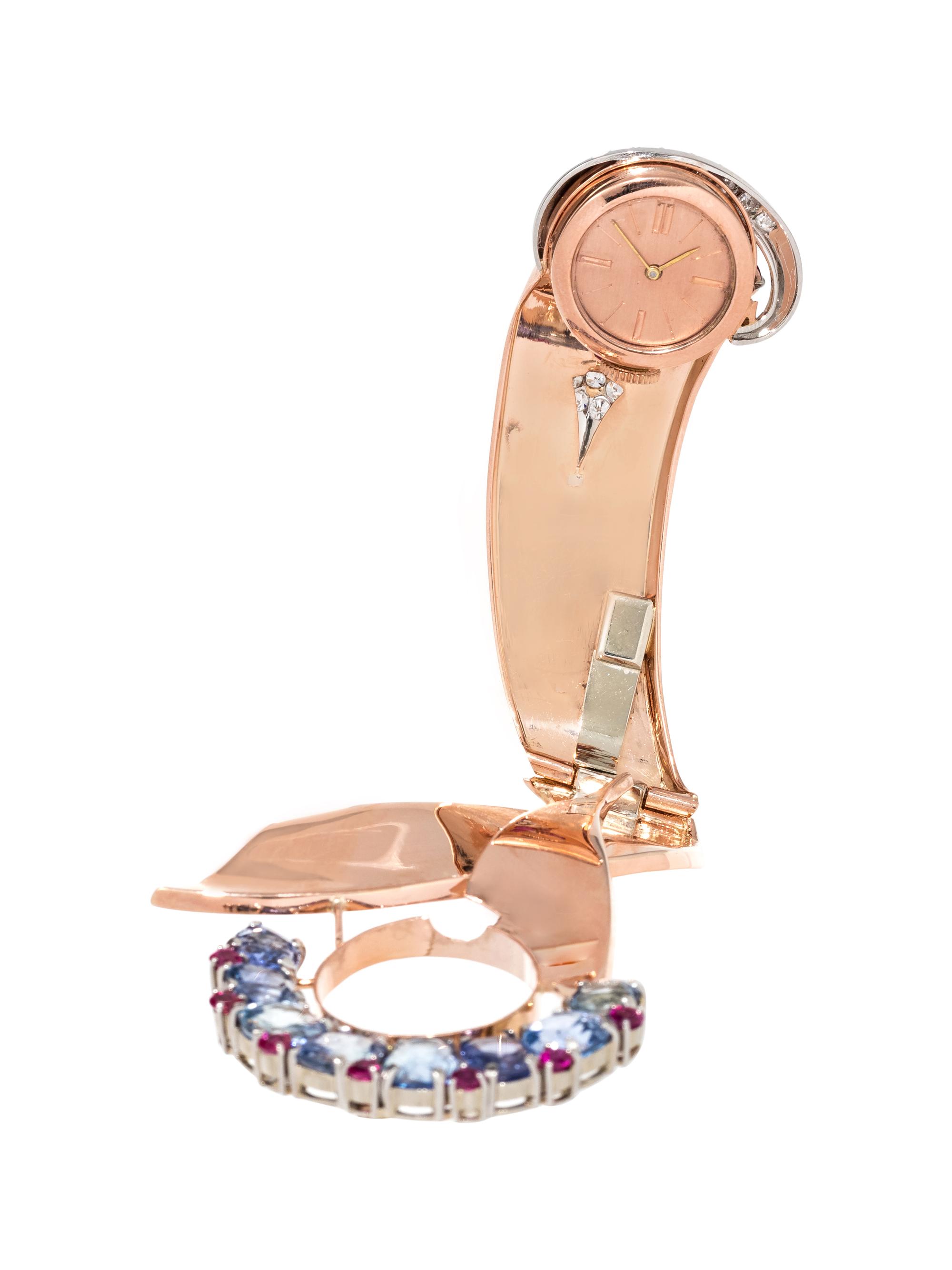RETRO, SAPPHIRE, RUBY AND DIAMOND SURPRISE WATCH BROOCH