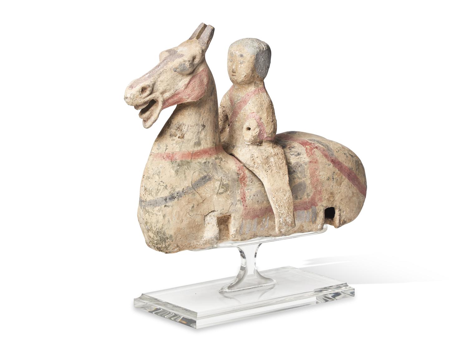 A Large Chinese Painted Pottery Equestrian Figure