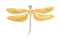An 18 Karat Yellow Gold, Platinum, Diamond and Emerald Dragonfly Brooch, 23.20 dwts.