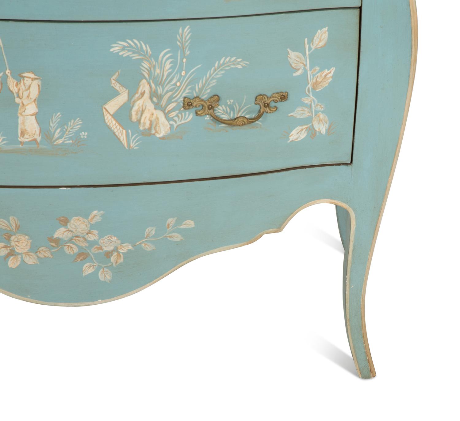 A Louis XV Style Painted Bombe Commode with Chinoiserie Decoration