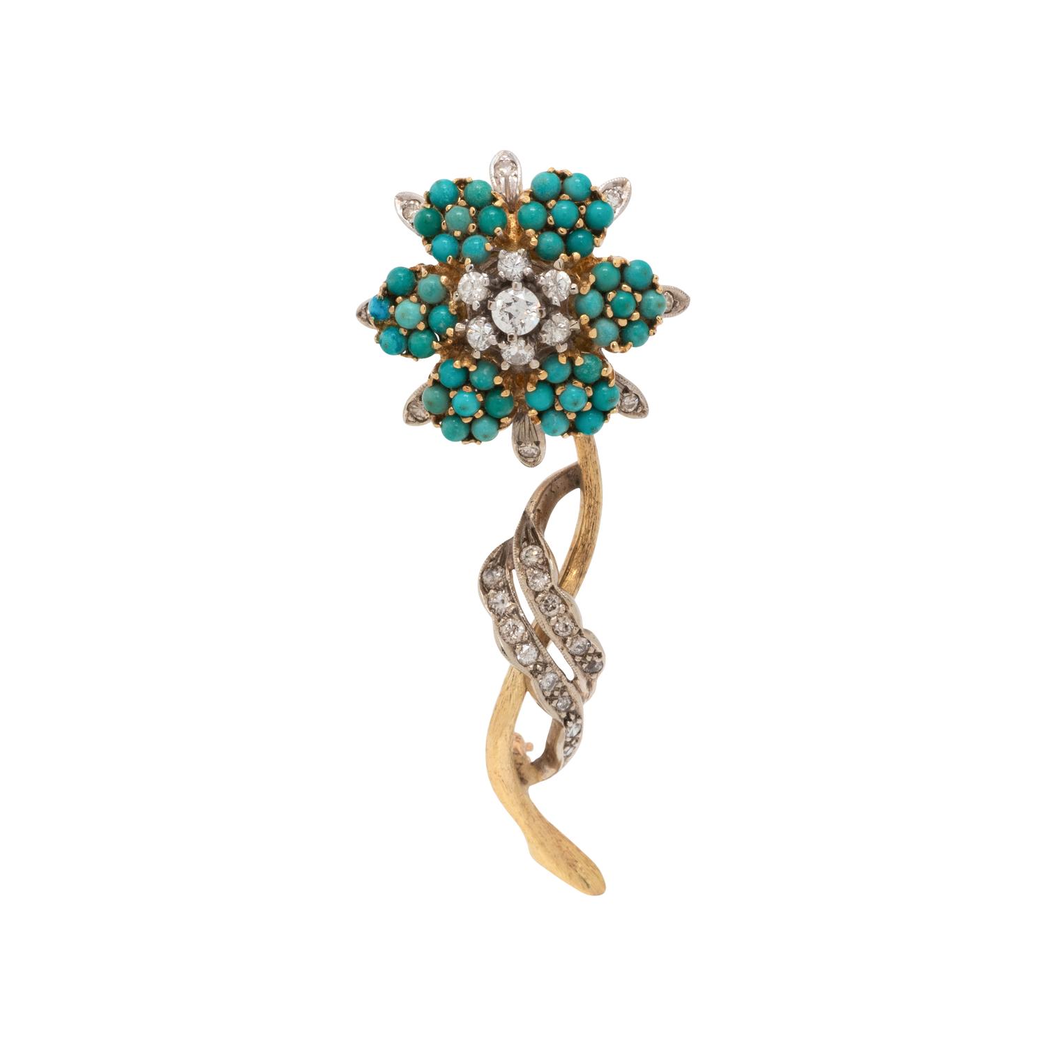 DIAMOND AND TURQUOISE FLOWER BROOCH