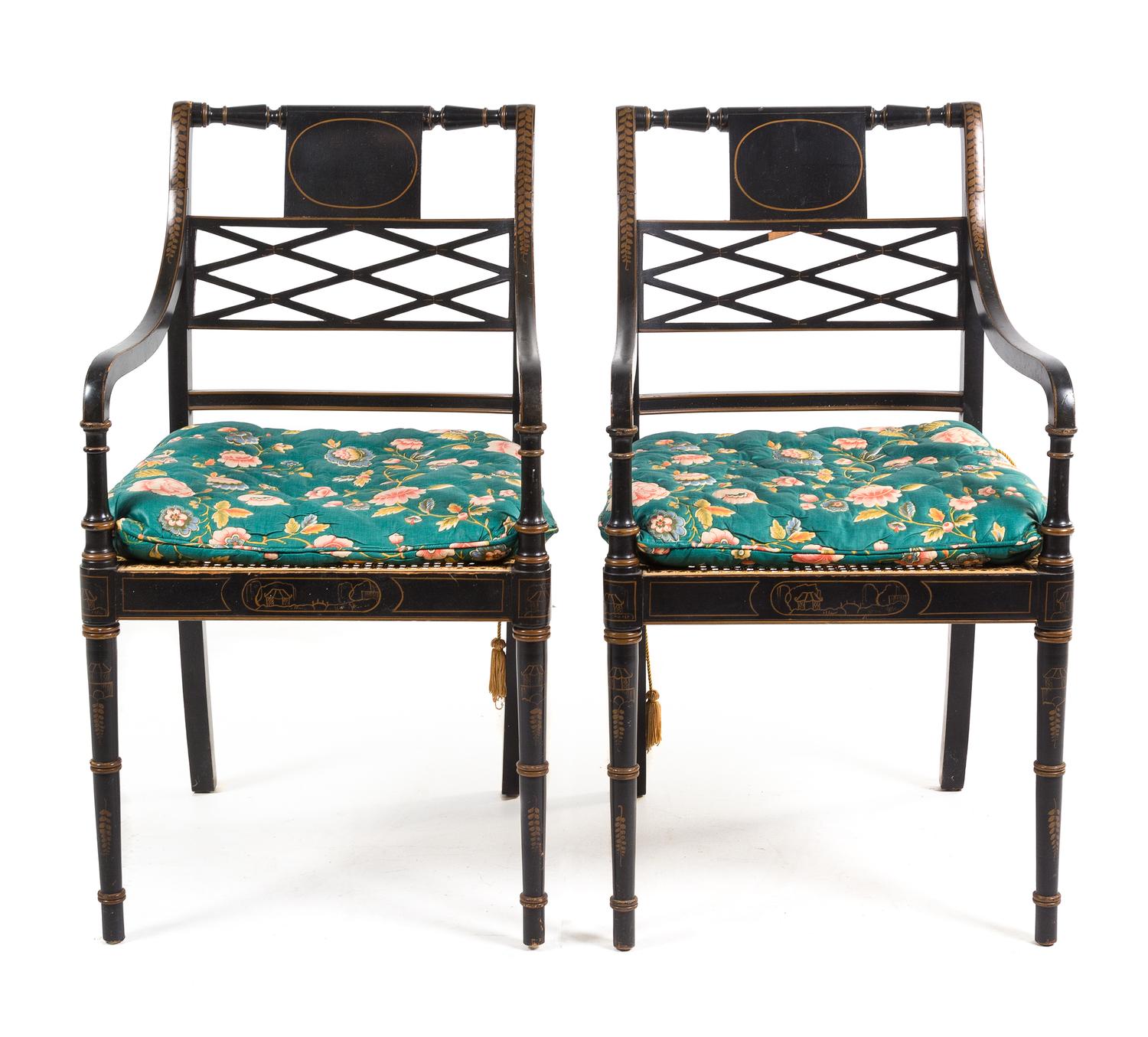 A Pair of Regency Style Parcel Gilt Ebonized Armchairs Height 36 1/4 inches. — 20TH CENTURY