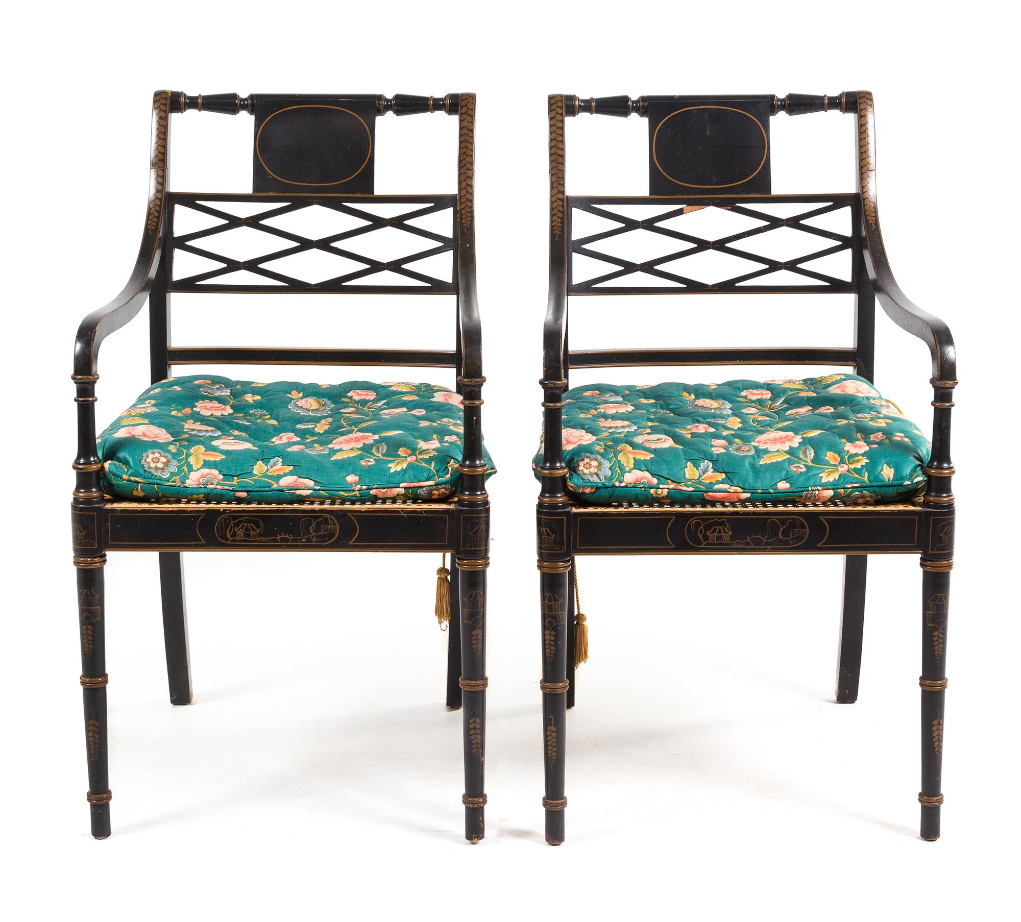 A Pair of Regency Style Parcel Gilt Ebonized Armchairs Height 36 1/4 inches. — 20TH CENTURY