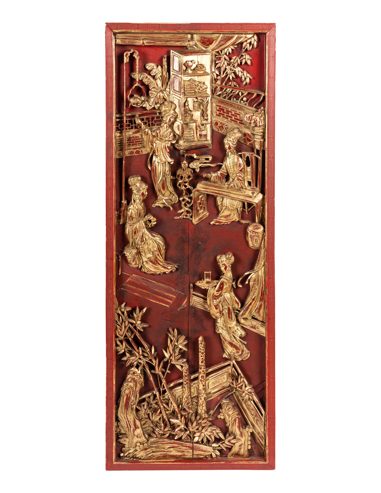 A Pair of Chinese Carved Gilt and Red Lacquered Wood Panels