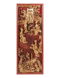 A Pair of Chinese Carved Gilt and Red Lacquered Wood Panels