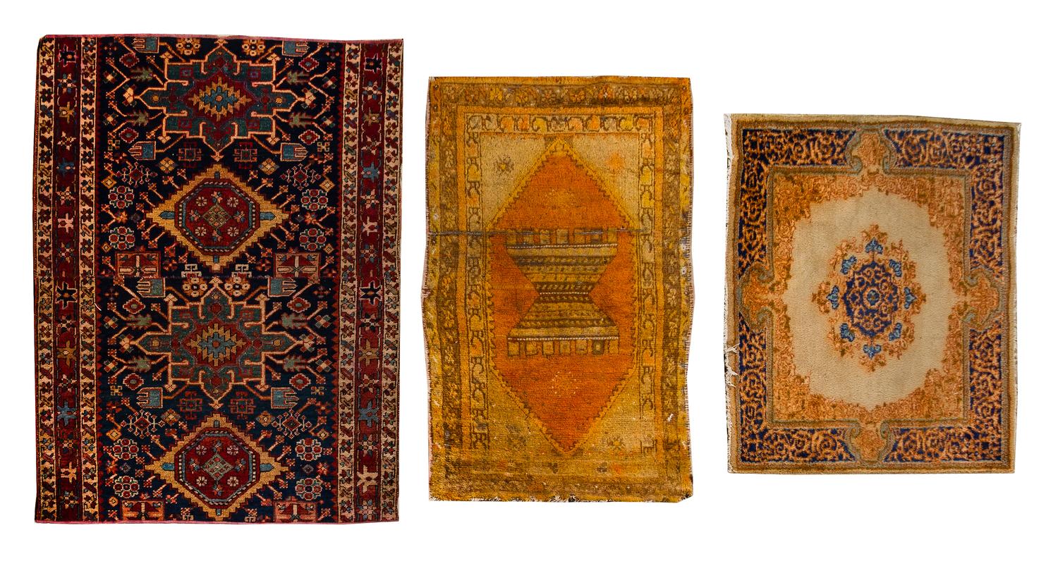 Three Persian Wool Rugs and Rug Fragments Largest 4 feet 2 inches x 3 feet 9 inches. — VARIOUS AGES