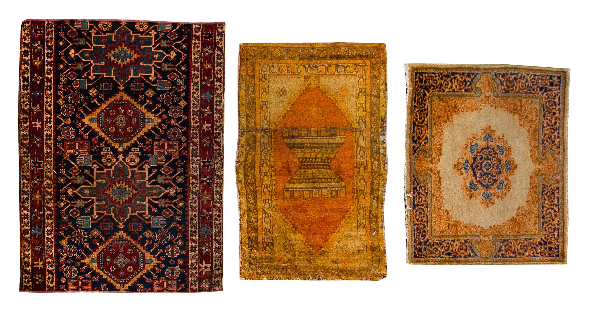 Three Persian Wool Rugs and Rug Fragments Largest 4 feet 2 inches x 3 feet 9 inches. — VARIOUS AGES