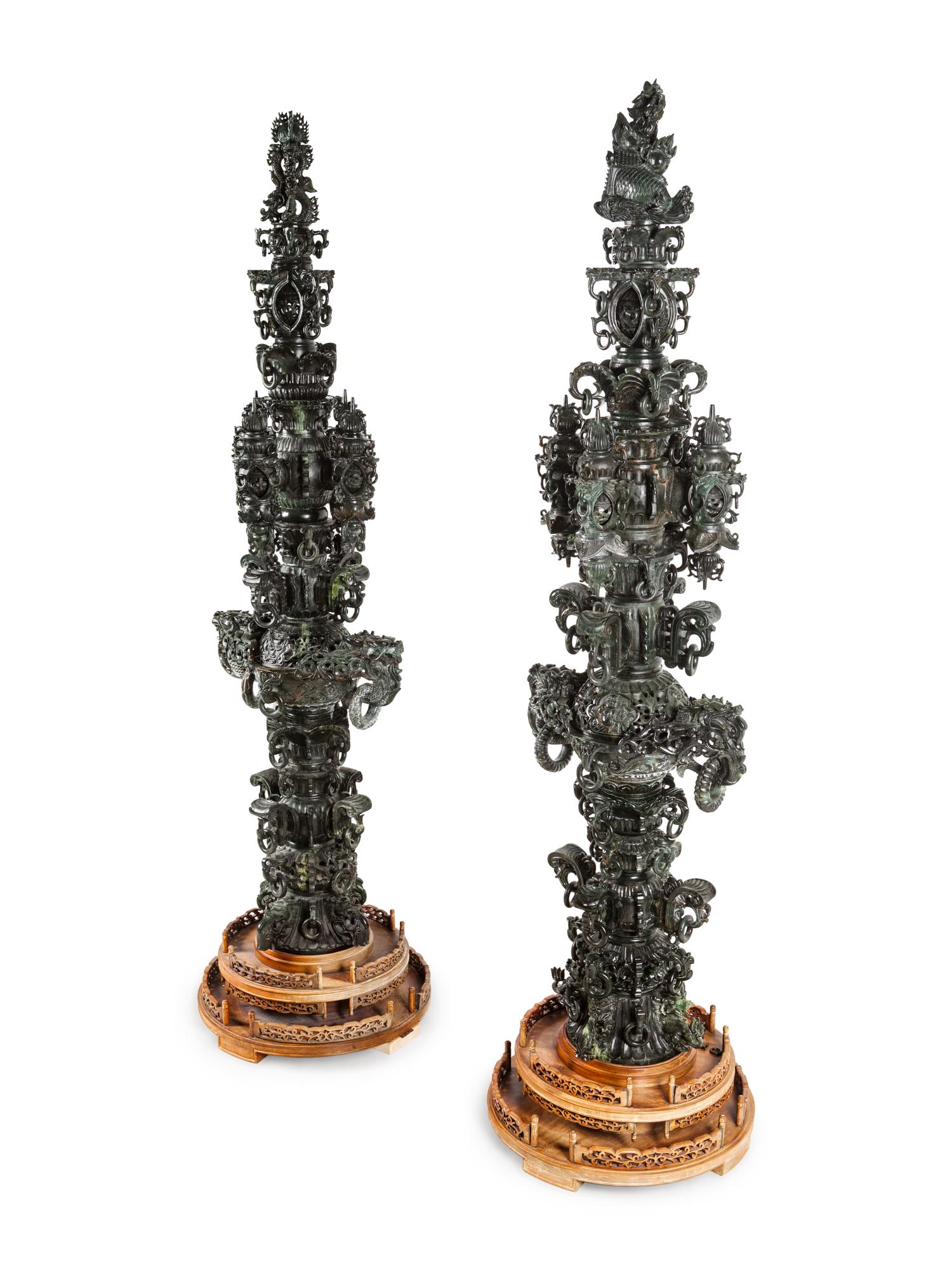 A Pair of Large Chinese Export Carved Hardstone Vessels