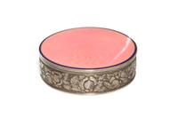 A Russian Guilloche Enameled Silver Compact, St. Petersburgh, 1996-1908, of circular form, the sides decorated with flowers in relief,