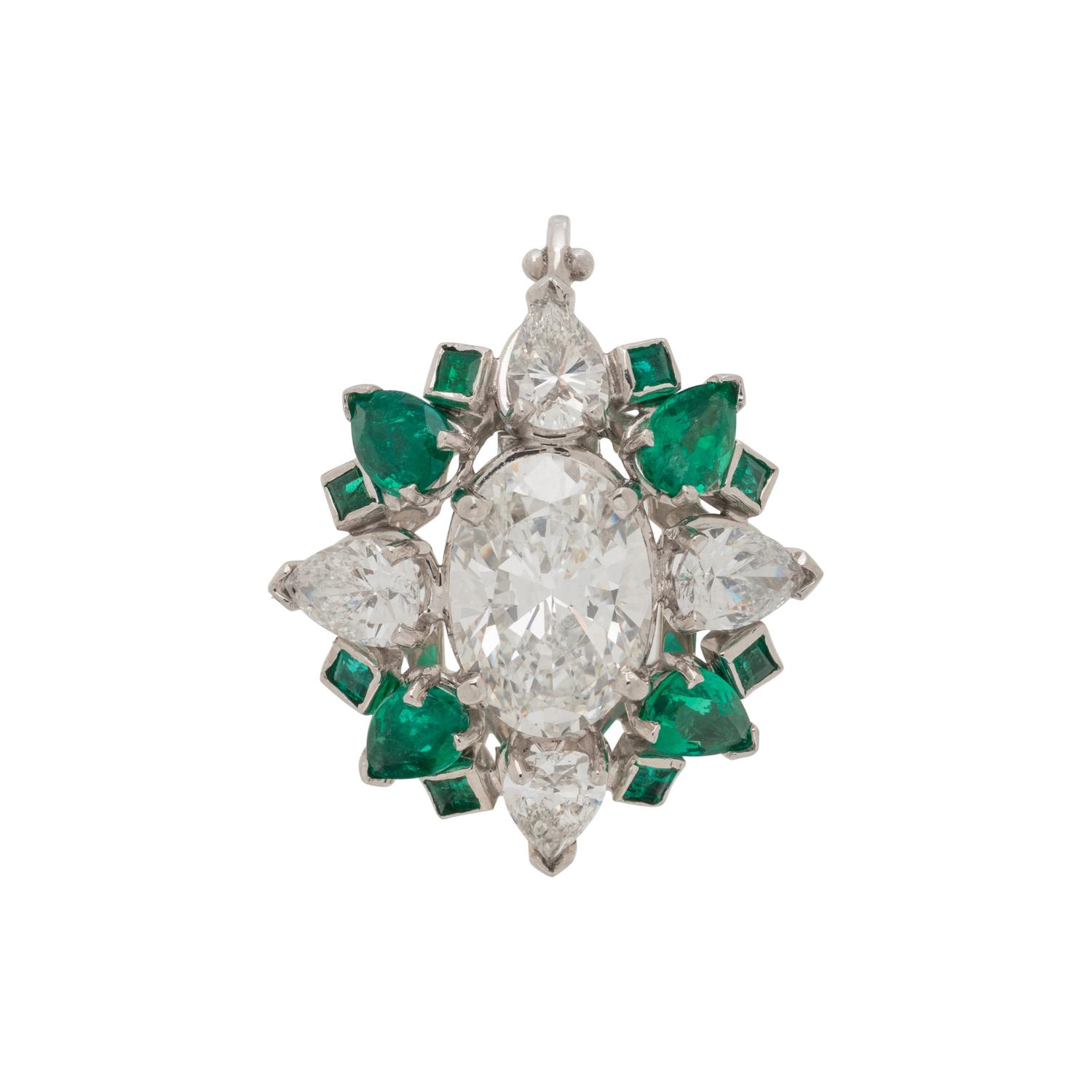 DIAMOND, EMERALD AND PLATINUM RING PENDANT