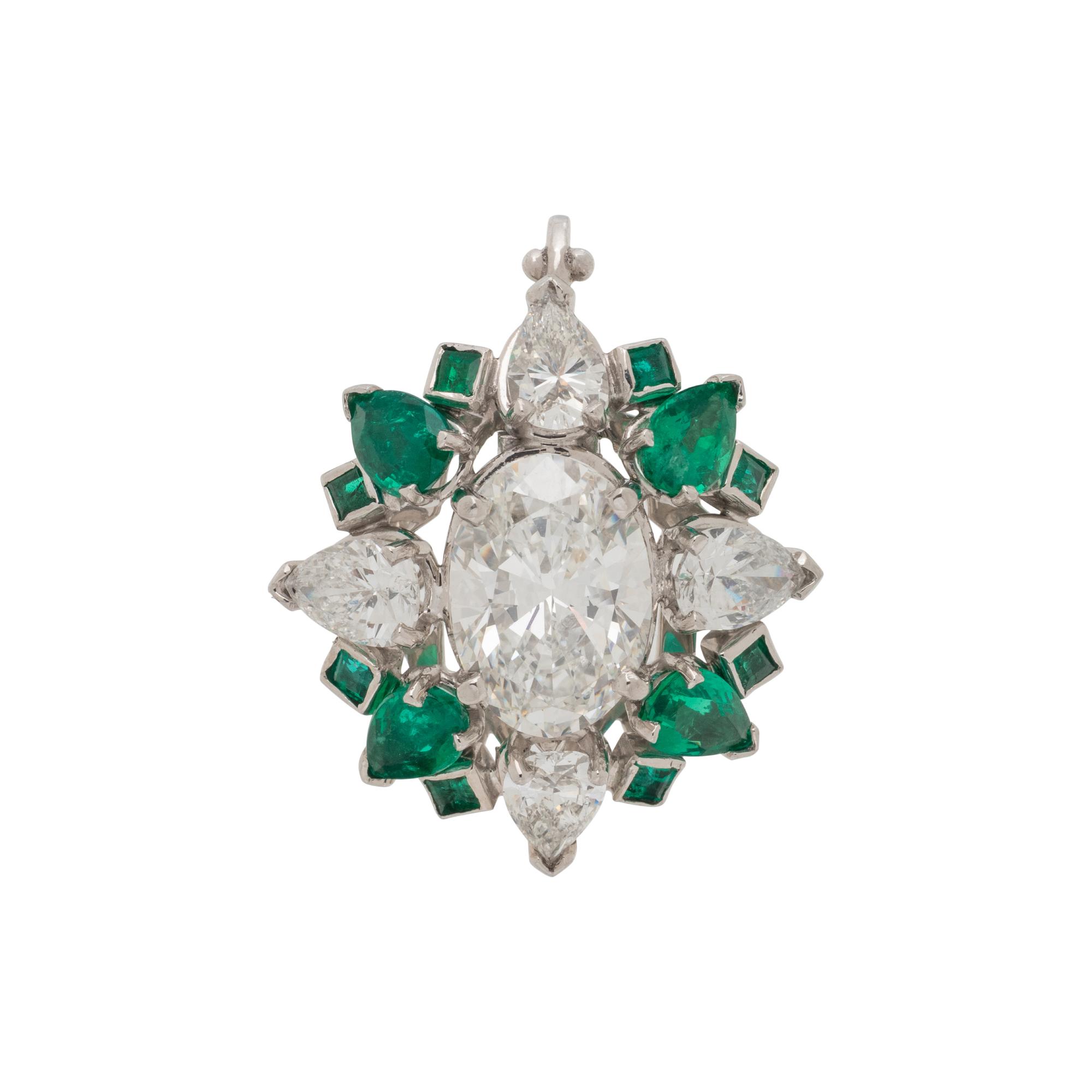 DIAMOND, EMERALD AND PLATINUM RING PENDANT