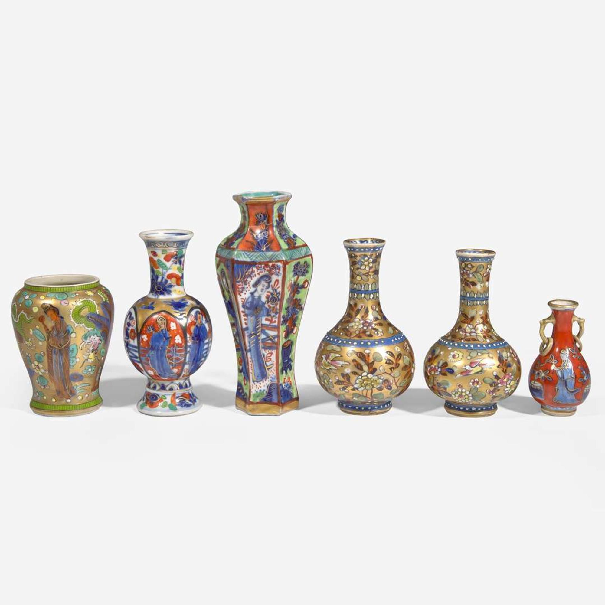 Six small Chinese export clobbered porcelain cabinet vases 外銷瓷小件一組六件 18th to early 19th century ???????