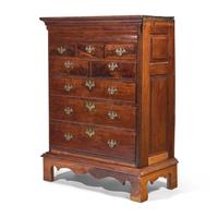 A Queen Anne Carved Walnut Tall Chest on Later Wood Frame