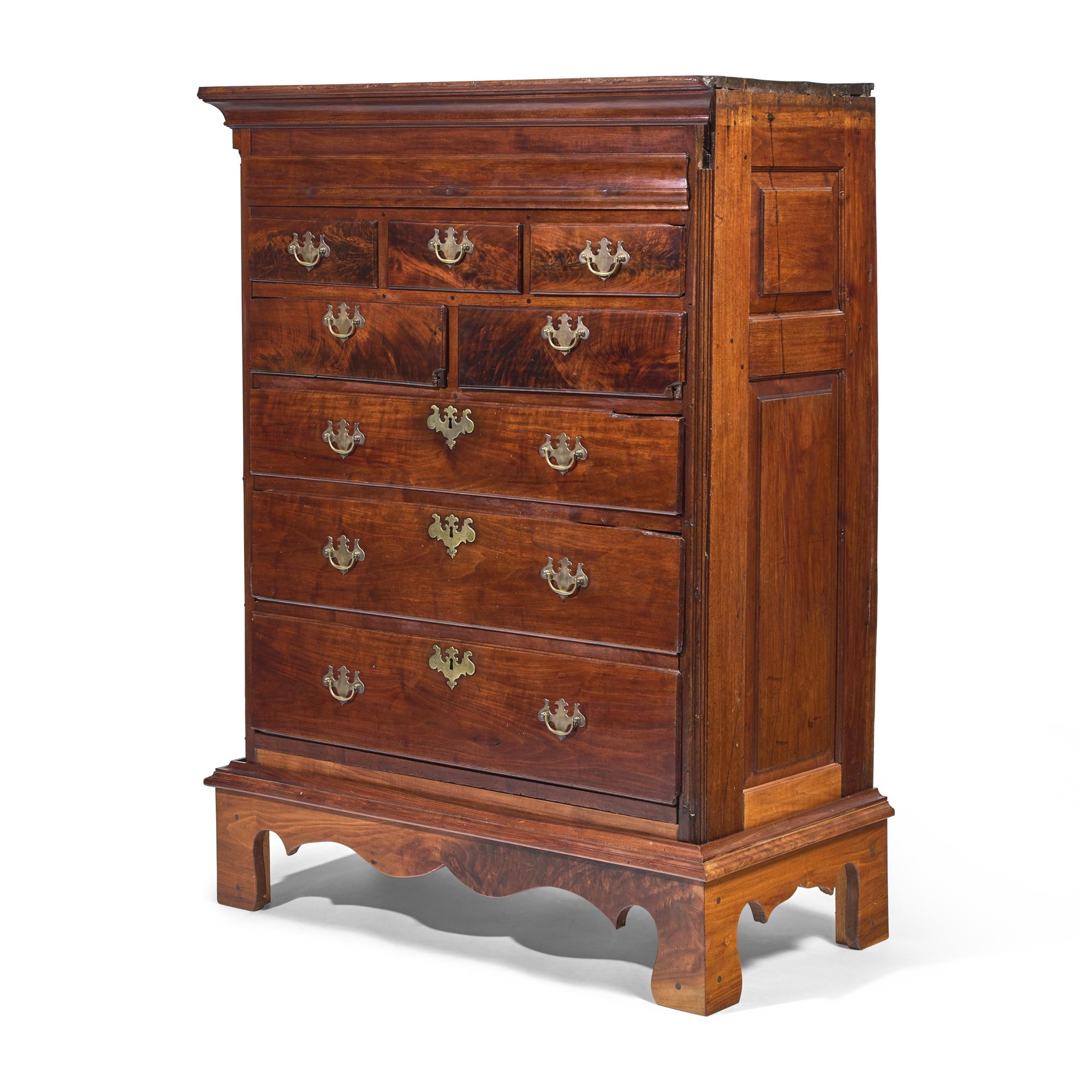 A Queen Anne Carved Walnut Tall Chest on Later Wood Frame