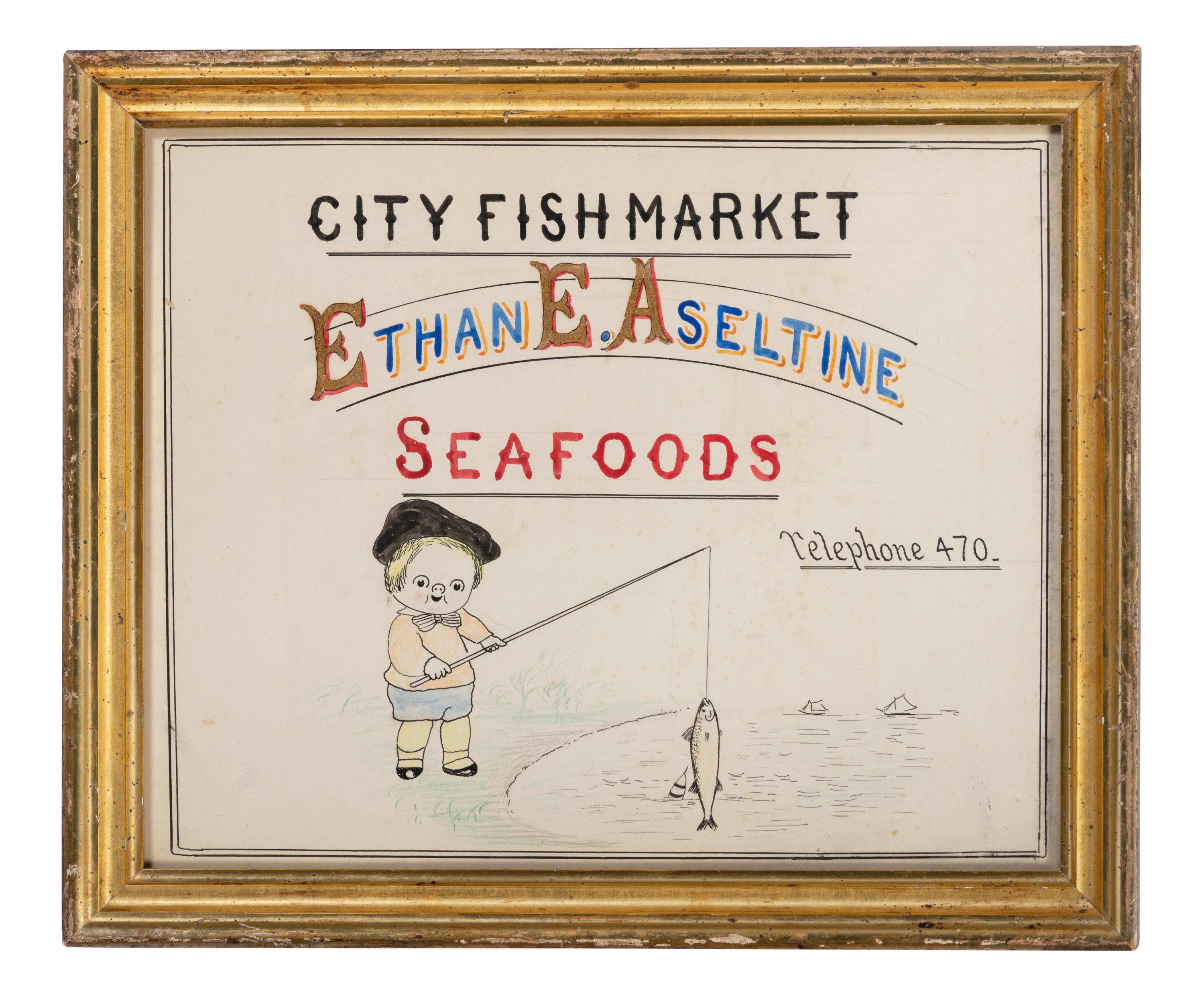 Five Framed Specialty Shop Advertising Hand Colored Prints and Watercolors