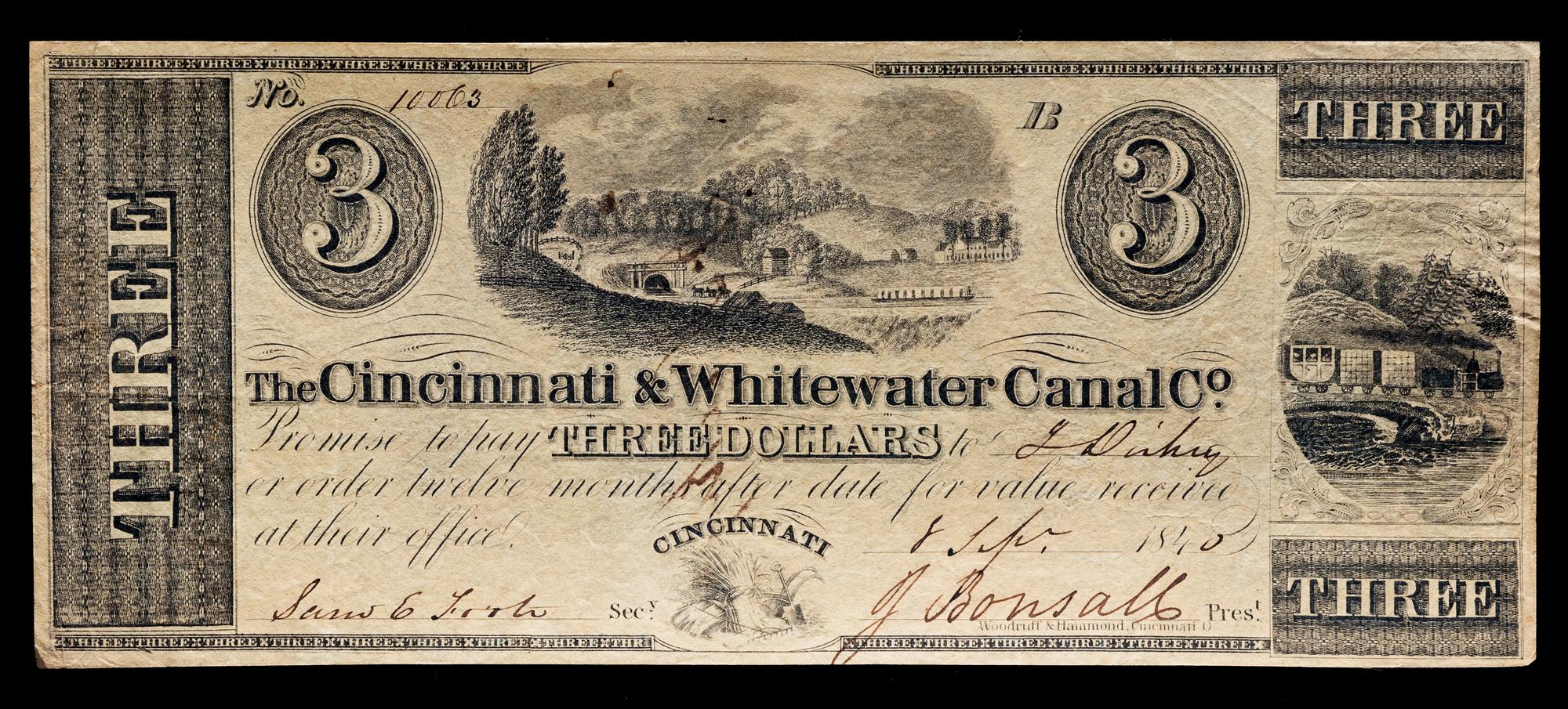 Obsolete $3 Bank Note: The Cincinnati & Whitewater Canal Co. — CINCINNATI, OHIO, 1840