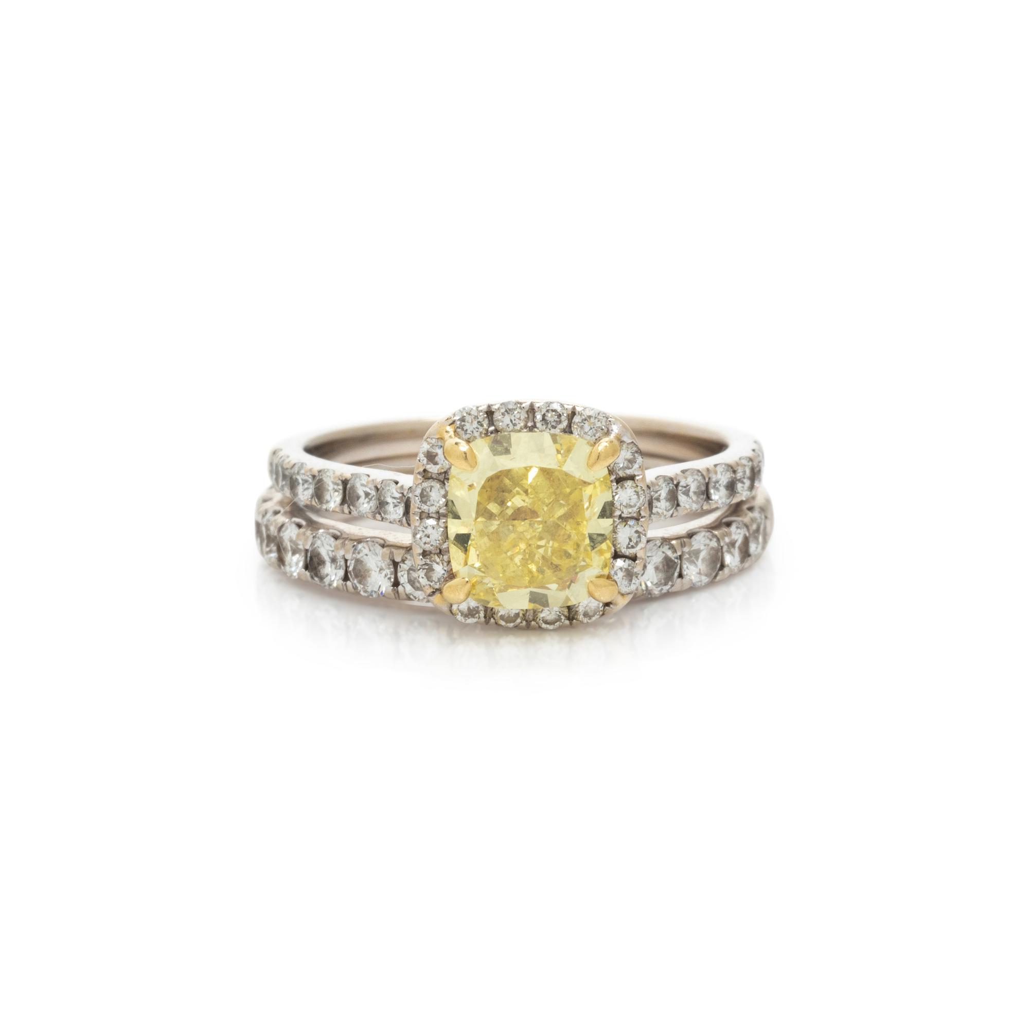 FANCY INTENSE YELLOW DIAMOND RING AND DIAMOND BAND RING