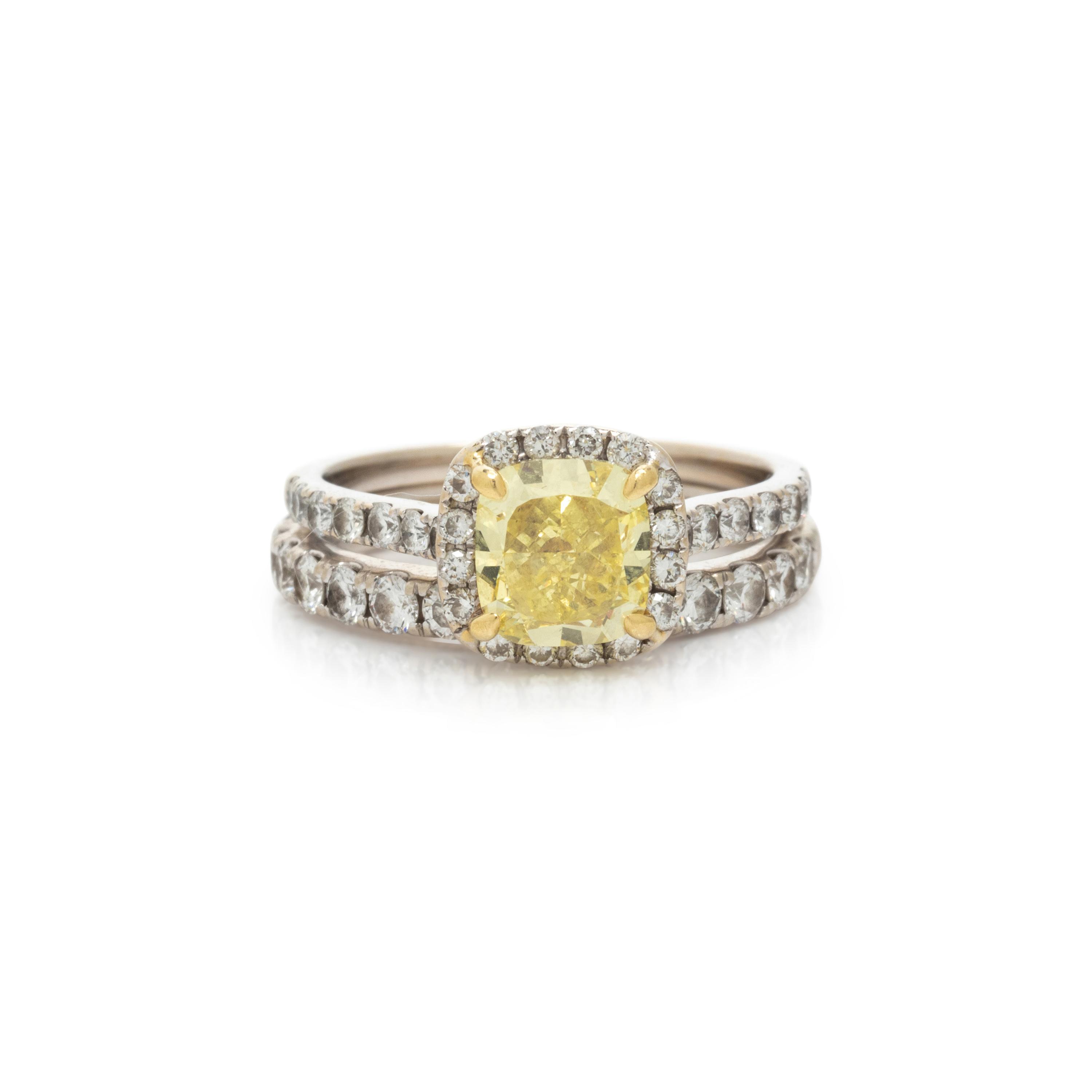 FANCY INTENSE YELLOW DIAMOND RING AND DIAMOND BAND RING